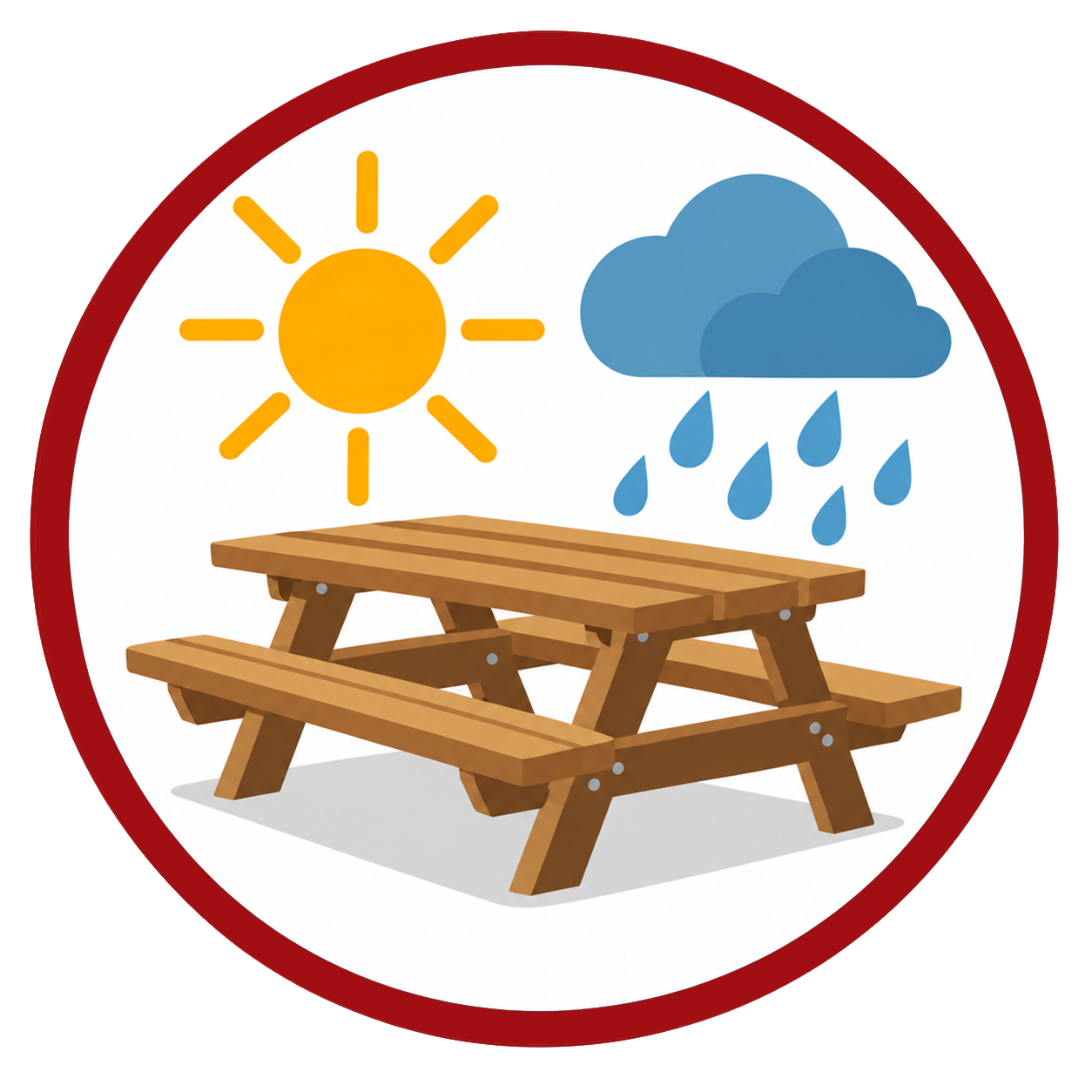 Wooden picnic table beneath sun and rain, representing exposed outdoor use